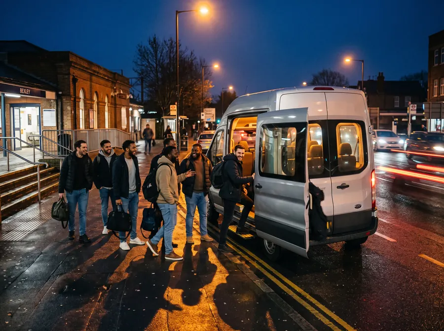 A silver minibus at night outside Bexley station, a group of men boarding for a day out, wet road reflecting streetlights