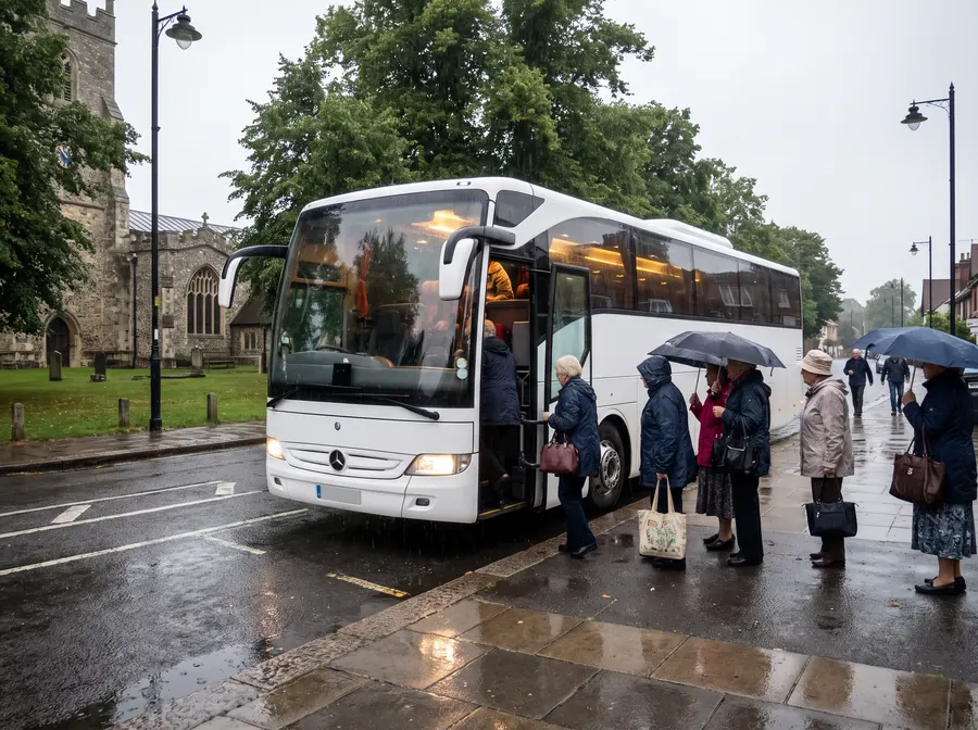 A white coach in steady rain beside a parish church in Bexley, a group of women boarding under umbrellas