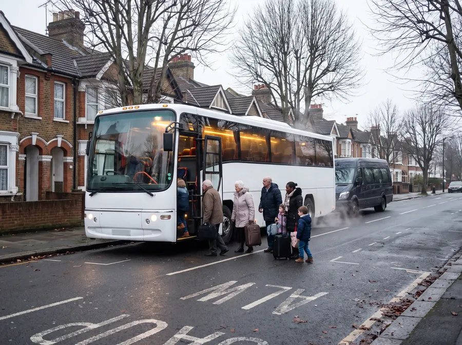 A coach with a minibus parked behind it on an overcast winter afternoon, an extended family boarding with suitcases outside Bexley terraces